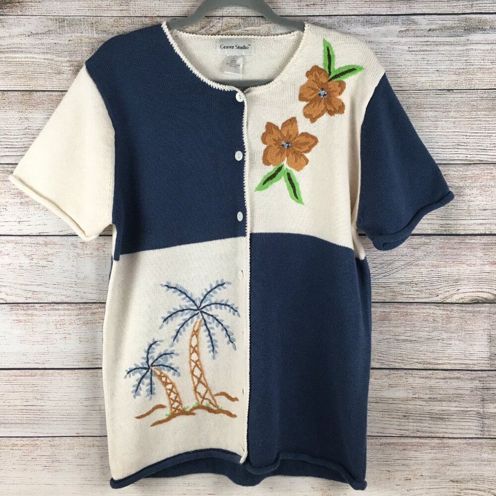 Graver Studio Cardigan Sweater Short Sleeve Embroidered Floral Palm Trees Large